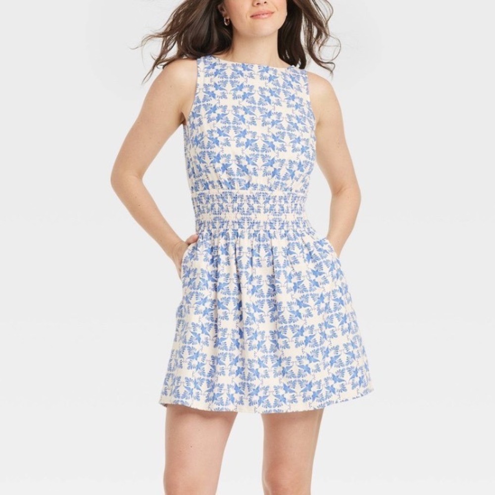 Universal Thread Bird Ikat Print Mini Sundress Ivory Blue Medium
